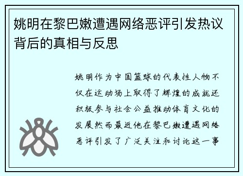 姚明在黎巴嫩遭遇网络恶评引发热议背后的真相与反思